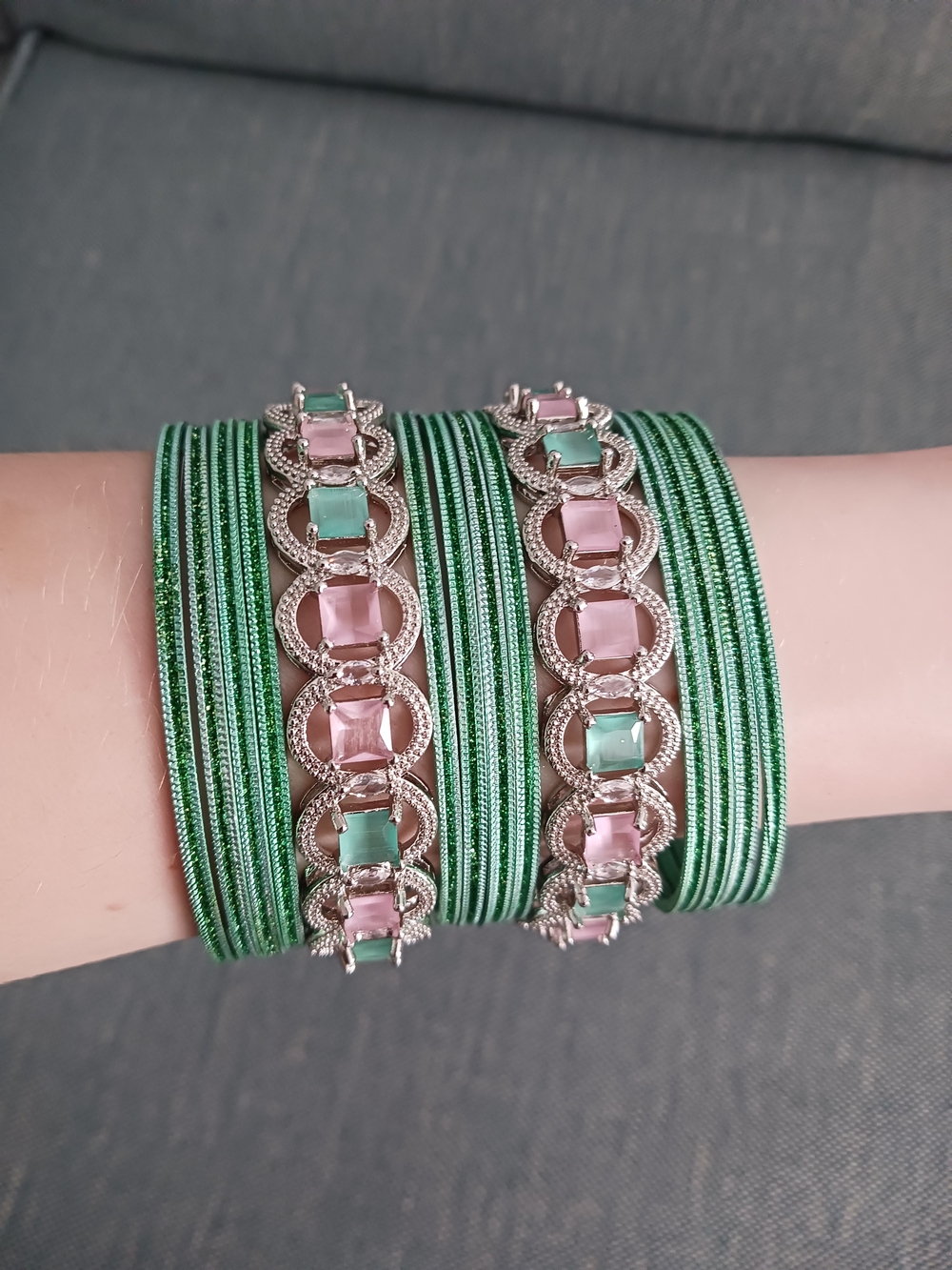 Teal Glitter Indian Bangles Teal Pink Jewel Silver Tone Accent Bangles Size 2.8
